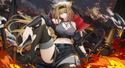 Rule 34 | 1girl, absurdres, animal ears, aqua eyes, arknights, bare shoulders, black footwear, black hairband, black jacket, black skirt, black thighhighs, blonde hair, bracer, breasts, cleavage, commentary request, crop top, fire, genera-x, grey tank top, hair ornament, hairband, hairclip, highres, horn (arknights), jacket, knee up, large breasts, long hair, looking at viewer, midriff, miniskirt, navel, parted lips, partial commentary, sitting, skirt, solo, stomach, tank top, thighhighs, thighs, torn clothes, torn thighhighs, very long hair, wolf ears