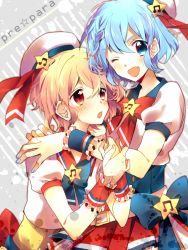 Rule 34 | 1boy, 1girl, ;d, belt, blonde hair, blue eyes, blue hair, blush, bow, braid, brother and sister, dorothy west, dress, fang, hat, reona west, looking at viewer, mole, mole under eye, musical note, one eye closed, open mouth, pretty series, pripara, puffy short sleeves, puffy sleeves, red eyes, short hair, short sleeves, siblings, skirt, smile, trap, twins, wrist cuffs, you chi27