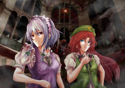 Rule 34 | 2girls, bad id, bad pixiv id, blue dress, braid, breasts, china dress, chinese clothes, dress, female focus, green dress, hat, hong meiling, izayoi sakuya, looking at viewer, looking back, maid headdress, medium breasts, multiple girls, pokimari, puffy short sleeves, puffy sleeves, red hair, short sleeves, silver hair, small breasts, embodiment of scarlet devil, touhou, twin braids