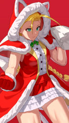 Rule 34 | 1girl, animal ears, blonde hair, blue eyes, breasts, cammy white, capcom, cat ears, christmas, closed mouth, expressionless, female focus, gloves, highres, hood, looking at viewer, medium breasts, red background, red gloves, red skirt, scar, scar on face, simple background, skirt, solo, street fighter, yagi2013