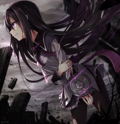 Rule 34 | 10s, 1girl, akemi homura, bad id, bad pixiv id, black hair, black hairband, black pantyhose, blood, blood on face, blood on hands, bow, clenched teeth, cloud, cloudy sky, cuts, debris, dystopia, frilled skirt, frills, from side, hair over face, hairband, highres, holding own arm, injury, leaning forward, long hair, long sleeves, looking to the side, mahou shoujo madoka magica, mahou shoujo madoka magica (anime), pantyhose, purple bow, purple eyes, rin yuu, scowl, skirt, sky, solo, standing, teeth, torn clothes, torn pantyhose, very long hair