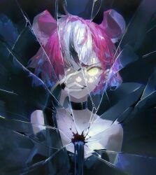 Rule 34 | 1girl, album cover, alternate hair length, alternate hairstyle, animal ears, black background, black choker, black hair, black nails, bridal gauntlets, choker, cover, covering one eye, crack, cracked glass, dino (dinoartforame), glowing, glowing eye, hakos baelz, highres, hololive, hololive english, mouse ears, mouse girl, multicolored hair, nail polish, official art, red hair, short hair, strapless, streaked hair, virtual youtuber, white hair, yellow eyes