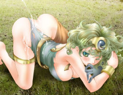 Rule 34 | 1girl, aftersex, ass, barefoot, bent over, blush, breasts, chunsoft, cleavage, cum, curly hair, dragon quest, dragon quest iv, enix, gloves, green eyes, green hair, heroine (dq4), large breasts, matching hair/eyes, no panties, short hair, solo, thighs, torn clothes