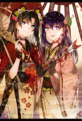 Rule 34 | 2girls, arrow (projectile), black gloves, black hair, blue eyes, bow, bridal gauntlets, cowboy shot, fate/stay night, fate (series), flower, furisode, gloves, grin, hair between eyes, hair bow, hair flower, hair ornament, hair ribbon, highres, holding, holding arrow, japanese clothes, jewelry, kimono, long hair, looking at viewer, matou sakura, multiple girls, nagatsuki take, new year, obi, petals, pink flower, pink ribbon, purple eyes, purple hair, ribbon, ring, sash, siblings, sisters, smile, standing, tohsaka rin, twintails, two side up
