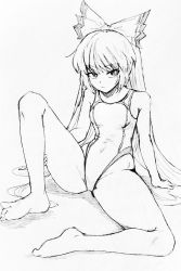 Rule 34 | 1girl, :|, arm support, bare legs, barefoot, bow, breasts, closed mouth, commentary request, competition swimsuit, covered navel, d-m (dii emu), expressionless, greyscale, hair bow, long hair, looking at viewer, monochrome, one-piece swimsuit, sitting, small breasts, swimsuit, touhou, traditional media, very long hair