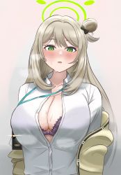 Rule 34 | 1girl, absurdres, black bow, blonde hair, blue archive, blush, bow, bra, breasts, cleavage, clothes pull, collarbone, green eyes, hair bow, hair bun, halo, highres, hum455, id card, jacket, jacket pull, long hair, long sleeves, looking at viewer, medium breasts, nonomi (blue archive), open clothes, open jacket, open mouth, open shirt, purple bra, shirt, simple background, solo, sweat, sweatdrop, underwear, upper body, white shirt, yellow jacket