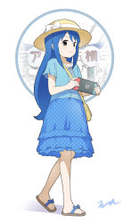 Rule 34 | 1girl, aayh, aoyama kotoha (mitsuboshi colors), bag, blue hair, blue shirt, blue skirt, bow, brown eyes, brown hat, closed mouth, commentary request, frilled skirt, frills, hat, hat bow, holding, long hair, mitsuboshi colors, nintendo switch, polka dot, polka dot skirt, shadow, shirt, short sleeves, shoulder bag, signature, skirt, smile, solo, sun hat, v-shaped eyebrows, very long hair, walking, white background, white bow