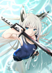 Rule 34 | 1girl, ahoge, animal ears, armpits, azur lane, blue eyes, blue one-piece swimsuit, breasts, collarbone, expressionless, fingernails, fox ears, from above, highres, holding, holding sheath, holding sword, holding weapon, kawakaze (azur lane), long hair, one-piece swimsuit, partially submerged, school swimsuit, schreibe shura, sheath, silver hair, small breasts, solo, swimsuit, sword, wading, weapon