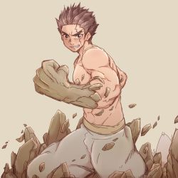 Rule 34 | 1boy, black eyes, brown hair, clenched hand, clenched teeth, cowboy shot, dr. stone, eyebrows, fighting stance, hachikou nameko, male focus, muscular, ooki taiju, pants, petrification, scar, topless male, short hair, simple background, solo, tan background, teeth