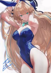 Rule 34 | 1girl, absurdres, animal ears, arm up, armpits, bare shoulders, blonde hair, blue archive, blue eyes, blue leotard, blush, breasts, cleavage, detached collar, earpiece, fake animal ears, fake tail, hair ribbon, highleg, highleg leotard, highres, leotard, long hair, looking at viewer, medium breasts, official alternate costume, playboy bunny, rabbit ears, rabbit tail, ribbon, salmon88, solo, strapless, strapless leotard, tail, toki (blue archive), toki (bunny) (blue archive), very long hair, wrist cuffs