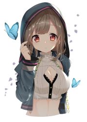 Rule 34 | 1girl, abe suke, absurdres, animal, blurry, blurry background, blush, breasts, brown hair, bug, butterfly, cleavage, cleavage cutout, clothing cutout, commentary request, crop top, cropped torso, depth of field, earrings, fingernails, frilled shirt, frills, grey jacket, grey shirt, hand up, highres, hood, hood up, hooded jacket, idolmaster, idolmaster shiny colors, insect, jacket, jewelry, long hair, long sleeves, looking at viewer, medium breasts, navel, open clothes, open jacket, parted lips, petals, red eyes, shirt, solo, striped clothes, striped shirt, tsukioka kogane, upper body, vertical-striped clothes, vertical-striped shirt