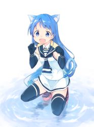 Rule 34 | &gt;:d, 10s, 1girl, :d, animal ears, blue eyes, blue hair, cat ears, cat tail, elbow gloves, fang, gloves, kantai collection, kemonomimi mode, long hair, matching hair/eyes, neckerchief, oge (ogeogeoge), open mouth, paw pose, sailor collar, samidare (kancolle), simple background, smile, solo, squatting, tail, thighhighs, v-shaped eyebrows, very long hair, zettai ryouiki