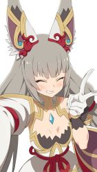 Rule 34 | 1girl, animal ears, breasts, camera, closed eyes, crystal, eyebrows hidden by hair, gloves, grey hair, highres, holding, holding camera, long hair, looking at viewer, medium bangs, neonveov, nia (blade) (xenoblade), nia (xenoblade), rope belt, selfie, simple background, small breasts, smile, solo, twintails, v, very long hair, white background, white gloves, xenoblade chronicles (series), xenoblade chronicles 2