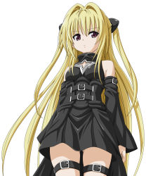 Rule 34 | 00s, 1girl, blonde hair, detached sleeves, female focus, highres, konjiki no yami, long hair, red eyes, simple background, solo, thigh strap, to love-ru, toshi (anime coloring), twintails, two side up, very long hair, white background