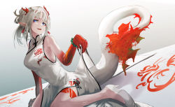 Rule 34 | 1girl, :d, absurdres, arknights, bare arms, bare legs, bare shoulders, bead bracelet, beads, blue eyes, bracelet, breasts, china dress, chinese clothes, clothes lift, colored skin, dragon girl, dragon horns, dragon tail, dress, dress lift, dutch angle, fang, gradient background, gradient skin, grey background, high heels, highres, hiyaori (hiyahiyaval), horns, jewelry, large breasts, lifting own clothes, looking at viewer, nian (arknights), official alternate costume, open mouth, pelvic curtain, pointy ears, ponytail, red skin, short hair, short ponytail, silver hair, sitting, skin fang, smile, tail, twitter username, wariza, white footwear