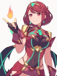 Rule 34 | 1girl, breasts, fire, highres, hinoyama kou, large breasts, pyra (xenoblade), red eyes, red hair, short hair, simple background, solo, white background, xenoblade chronicles (series), xenoblade chronicles 2