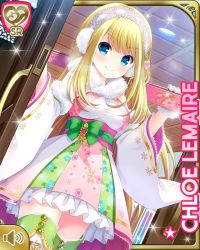 Rule 34 | 1girl, blonde hair, blue eyes, bow, breasts, character name, chloe lemaire, closed mouth, fur trim, girlfriend (kari), green bow, green thighhighs, hair ornament, indoors, japanese clothes, kimono, long hair, official art, qp:flapper, smile, solo, tagme, thighhighs, white kimono