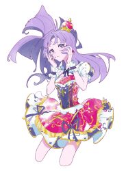 Rule 34 | 1girl, aikatsu!, aikatsu! (series), bad id, bad twitter id, blunt bangs, breasts, cowboy shot, cropped legs, crown, dress, floating hair, hands on own face, highres, hikami sumire, idol clothes, long hair, looking at viewer, puffy short sleeves, puffy sleeves, purple eyes, purple hair, purple ribbon, red dress, ribbon, shiontaso, short sleeves, simple background, small breasts, solo, standing, white background, wrist cuffs