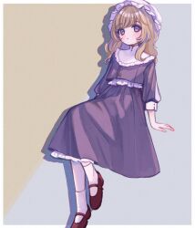 Rule 34 | 1girl, blonde hair, closed mouth, commentary, expressionless, full body, hat, invisible chair, long hair, long sleeves, looking at viewer, maribel hearn, mary janes, mob cap, purple eyes, purple shirt, purple skirt, red footwear, shirt, shoes, sitting, skirt, socks, solo, symbol-only commentary, touhou, white socks, yujup