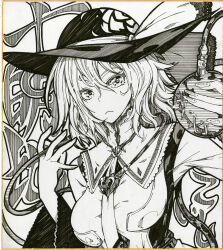 Rule 34 | 1girl, breasts, character name, closed mouth, collar, commentary request, floral print, greyscale, hair between eyes, hat, heart, highres, ishida kazuma, komeiji koishi, large breasts, looking at viewer, monochrome, rose print, shikishi, solo, third eye, touhou, traditional media, upper body