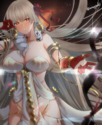 Rule 34 | 1girl, aona (anagasaki), armlet, bare shoulders, belly chain, blush, body markings, bracelet, breasts, cleavage, collarbone, colored skin, durga (fate), earrings, facial mark, fate/grand order, fate (series), forehead mark, gradient skin, grey hair, hair ribbon, highres, jewelry, large breasts, long hair, looking at viewer, orange eyes, parted lips, pelvic curtain, red skin, revealing clothes, ribbon, sash, snake, solo, thighs, thumb ring, very long hair