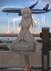 Rule 34 | 1girl, absurdres, aircraft, airplane, alternate costume, blush, breasts, cleavage, closed mouth, collarbone, dress, grey eyes, grey hair, high heels, highres, holding, ichikawa feesu, kantai collection, long hair, looking at viewer, medium breasts, outdoors, shirakumo (kancolle), sleeveless, sleeveless dress, smile, solo, standing, translation request, white dress