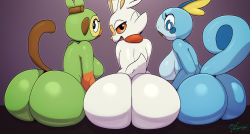 Rule 34 | 3girls, absurdres, ass, back, bandaid, bandaid on face, black eyes, blue eyes, breasts, buck teeth, creatures (company), eyelashes, furry, furry female, game freak, gen 8 pokemon, grookey, highres, huge ass, looking back, miso souperstar, multiple girls, nintendo, no humans, nude, open mouth, orange eyes, pokemon, pokemon (creature), pokemon swsh, presenting, scorbunny, simple background, sitting, smile, sobble, tail, take your pick, teeth