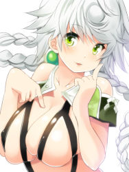 Rule 34 | 10s, 1girl, alternate eye color, asymmetrical hair, bare shoulders, braid, breasts, covered erect nipples, crop top, deep skin, green eyes, hand on own chest, kadokawa shoten, kantai collection, large breasts, lips, long hair, looking at viewer, maki (seventh heaven maxion), parted lips, revealing clothes, shiny clothes, silver hair, sitting, solo, twin braids, twintails, undersized clothes, unryuu (kancolle), upper body, very long hair