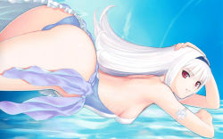 Rule 34 | 1girl, arched back, ass, blanc neige, breasts, frills, hairband, highres, leaning forward, looking back, red eyes, sega, shining (series), shining tears, shining wind, sideboob, solo, tony taka, wallpaper, white hair