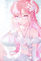 Rule 34 | 1girl, bare shoulders, blue eyes, collarbone, commentary, detached sleeves, flower, glasses, gomzi, hair between eyes, hair flower, hair ornament, hand up, knee up, long hair, long sleeves, looking at viewer, off-shoulder shirt, off shoulder, original, parted lips, pink-framed eyewear, pink hair, shirt, sitting, skirt, solo, symbol-only commentary, two side up, very long hair, white flower, white shirt, white skirt, white sleeves