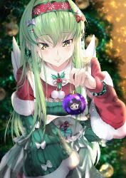 Rule 34 | 1girl, absurdres, angel wings, arknights, bauble, blurry, blurry background, bow, braid, budgiepon, c.c., capelet, christmas, christmas ornaments, christmas tree, code geass, commentary, cosplay, cowboy shot, fake wings, fingernails, fur-trimmed capelet, fur-trimmed sleeves, fur trim, goldenglow (arknights), goldenglow (arknights) (cosplay), goldenglow (maiden for the bright night) (arknights), goldenglow (night loving servant) (arknights) (cosplay), green hair, hair bow, highres, holding, light particles, long hair, looking at object, mistletoe, pom pom (clothes), red bow, santa capelet, sidelocks, solo, standing, straight-on, straight hair, very long hair, white bow, wide sleeves, wings