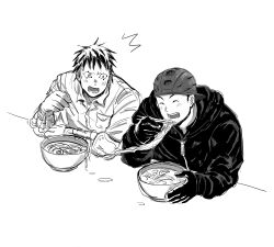 Rule 34 | 2boys, ^ ^, aikawa (dorohedoro), artist request, backwards hat, baseball cap, black hair, blonde hair, blush, bowl, chopsticks, closed eyes, colored tips, couple, dorohedoro, eating, facial mark, food, food theft, greyscale, hat, holding, holding chopsticks, looking to the side, male focus, monochrome, multicolored hair, multiple boys, no eyebrows, noodles, risu (dorohedoro), thick eyebrows, upper body, yaoi