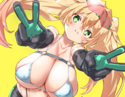 Rule 34 | + +, 1girl, blonde hair, breasts, double v, elbow gloves, gloves, green eyes, highres, huge breasts, kz oji, micro bra, navel, oppai loli, original, simple background, solo, twintails, v, yellow background