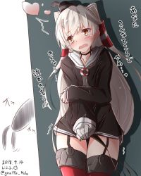 Rule 34 | 1girl, amatsukaze (kancolle), black panties, blush, dated, garter straps, giraffe (ilconte), gloves, heart, highres, kantai collection, long hair, long sleeves, looking at viewer, one-hour drawing challenge, open mouth, orange eyes, panties, red thighhighs, school uniform, serafuku, side-tie panties, smoke, solo, thighhighs, twintails, two side up, underwear, untied panties, white gloves, white hair