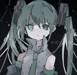 Rule 34 | 1girl, arms at sides, bags under eyes, black background, black sleeves, closed mouth, collared shirt, commentary request, doping dance (vocaloid), dripping eye, glitch, green eyes, green hair, green necktie, grey shirt, hatsune miku, hatsushiro mamimu, heterochromia, highres, light particles, long hair, looking at viewer, necktie, number tattoo, shirt, shoulder tattoo, simple background, sleeveless, sleeveless shirt, solo, song name, tattoo, tearing up, twintails, upper body, vocaloid