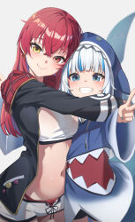 Rule 34 | 2girls, animal hood, bikini, black jacket, blue eyes, blue hoodie, blurry, blush, breasts, commentary, depth of field, earrings, english commentary, fins, fish tail, gawr gura, hair between eyes, hands up, heterochromia, highres, hololive, hololive english, hood, hood down, hooded jacket, hoodie, houshou marine, houshou marine (summer), hug, jacket, jewelry, large breasts, long hair, long sleeves, looking at viewer, multicolored hair, multiple girls, nail polish, navel, open clothes, open jacket, open mouth, red bikini, red eyes, red hair, reulem, see-through, shark hood, shark tail, sharp teeth, shorts, simple background, smile, stomach, streaked hair, swimsuit, tail, tank top, teeth, upper body, v, virtual youtuber, white background, white hair, white shorts, white tank top, wide sleeves, yellow eyes