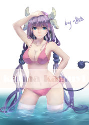Rule 34 | 10s, 1girl, absurdres, bikini, blue eyes, breasts, character name, cleavage, dragon girl, dragon horns, hand on own hip, hand on own head, highres, horns, kanna kamui, kobayashi-san chi no maidragon, long hair, looking at viewer, medium breasts, ming qi bibi, navel, aged up, partially submerged, pink bikini, purple hair, side-tie bikini bottom, signature, solo, swimsuit, tail, thighhighs, twintails, wading, water, white thighhighs