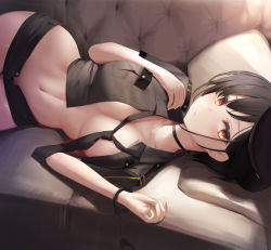 Rule 34 | 1girl, absurdres, black choker, black hair, black shirt, black shorts, breast pocket, breasts, choker, cleavage, collared shirt, commentary, convenient censoring, couch, crop top, cuffs, epaulettes, hand on own chest, handcuffs, hands up, hat, highres, large breasts, looking at viewer, lying, micro shorts, midriff, navel, necktie, no bra, on back, on couch, open clothes, open fly, open shirt, orange eyes, original, panties, panty peek, parted lips, peaked cap, pillow, pocket, police, police hat, police uniform, policewoman, reinama, revealing clothes, shirt, short hair, shorts, solo, stomach, underwear, uniform