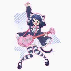 Rule 34 | 1girl, animal ears, arm up, beffkawa, bell, black hair, bow, bowtie, cat ears, cat tail, commentary, cyan (show by rock!!), dress, drill hair, electric guitar, english commentary, fang, flat chest, frilled dress, frills, full body, green eyes, guitar, heart, highres, instrument, jingle bell, maid headdress, necktie, pink bow, pink bowtie, short dress, show by rock!!, solo, sparkle, striped clothes, tail