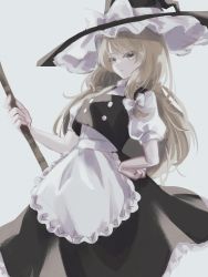 Rule 34 | 1girl, absurdres, apron, black dress, blonde hair, blue bow, bow, braid, broom, buttons, dress, frilled dress, frills, hair bow, hand on own hip, hat, hat bow, highres, kirisame marisa, long hair, one-hour drawing challenge, puffy sleeves, purple bow, roserose626, serious, short sleeves, simple background, solo, touhou, waist apron, white background, white bow, witch hat, yellow eyes