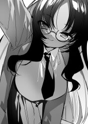 Rule 34 | 1girl, an (blue archive), blue archive, breasts, closed mouth, coat, commentary request, dark-skinned female, dark skin, glasses, highres, large breasts, leaning forward, long hair, long sleeves, looking at viewer, necktie, nogiwa kaede, pants, shirt, sidelocks, simple background, smile, solo, white background, white shirt