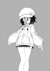 Rule 34 | 1girl, alternate costume, arms at sides, cabbie hat, closed mouth, commentary, drawstring, expressionless, feet out of frame, greyscale, hair between eyes, hair ornament, hat, hekkmushi, highres, jacket, jiangshi, long sleeves, looking at viewer, medium bangs, miniskirt, miyako yoshika, monochrome, ofuda, short hair, simple background, skirt, solo, star (symbol), star hair ornament, touhou