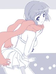 Rule 34 | 1girl, back, bad drawr id, bad id, bikini, bikini top only, blush, character request, copyright request, cowboy shot, hand up, limited palette, looking at viewer, looking back, oekaki, pleated skirt, red scarf, scarf, segawa haruna, short hair, skirt, smile, solo, standing, swimsuit, thighs, two-tone background