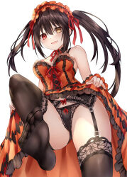 Rule 34 | 1girl, :d, asle, bare arms, bare shoulders, black choker, black garter belt, black panties, black thighhighs, blush, bow, bow panties, breasts, choker, clock eyes, clothes lift, commentary request, cross-laced clothes, crotch, date a live, dress, dress lift, feet, frilled choker, frilled cuffs, frilled dress, frilled hairband, frills, from below, garter belt, gothic lolita, hair between eyes, hair ribbon, hairband, heterochromia, lace, lace-trimmed garter belt, lace-trimmed legwear, lace-trimmed panties, lace trim, leg up, lifting own clothes, lolita fashion, lolita hairband, long hair, medium breasts, neck ribbon, no shoes, open mouth, orange dress, orange hairband, panties, presenting foot, red bow, red eyes, red ribbon, ribbon, see-through, see-through legwear, sidelocks, simple background, sleeveless, sleeveless dress, smile, soles, solo, standing, standing on one leg, symbol-shaped pupils, thighhighs, thighs, toe seam, toes, tokisaki kurumi, twintails, underwear, white background, wrist cuffs, yellow eyes
