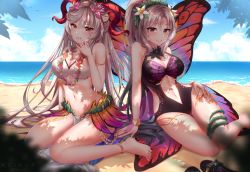 Rule 34 | 2girls, alternate costume, animal print, anklet, arm support, armband, barefoot, beach, bikini, black flower, black hair, black one-piece swimsuit, blurry, blurry foreground, blush, bracelet, breasts, butterfly print, butterfly wings, cleavage, clothing cutout, cloud, commentary, covering own mouth, crown of thorns, english commentary, facial mark, fairy wings, female focus, fire emblem, fire emblem heroes, flip-flops, flower, flower necklace, forehead mark, freyja (fire emblem), goat horns, gradient hair, hair between eyes, hair flower, hair ornament, hairband, halterneck, hand on own hip, hand over own mouth, highres, horns, insect wings, jewelry, keipup, large breasts, leaf, linea alba, long hair, looking at viewer, midriff, multicolored hair, multiple girls, navel, navel cutout, necklace, nintendo, ocean, official alternate costume, one-piece swimsuit, orange eyes, pelvic curtain, plumeria (fire emblem), ponytail, red eyes, sandals, shadow, showgirl skirt, smile, summer, swimsuit, thigh strap, thighs, thorns, twitter username, very long hair, watermark, white bikini, white flower, white hair, white one-piece swimsuit, wings