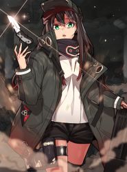 Rule 34 | 1girl, ammunition pouch, assault rifle, black jacket, black shorts, black thighhighs, breasts, bullpup, caseless firearm, cloud, cloudy sky, cosplay, cowboy shot, erere, fingernails, flat cap, g11 (girls&#039; frontline), g11 (girls&#039; frontline) (cosplay), girls&#039; frontline, glint, green eyes, green hat, green jacket, gun, h&amp;k g11, hair between eyes, hat, high collar, holster, horizontal magazine, idolmaster, idolmaster cinderella girls, jacket, knife, long fingernails, long hair, long sleeves, looking at viewer, nail polish, night, open clothes, open jacket, open mouth, outdoors, pink nails, pocket, pouch, rifle, scarf, shibuya rin, shirt, short shorts, shorts, single thighhigh, sky, sleeves past wrists, smoke, standing, thigh holster, thigh strap, thighhighs, weapon, white shirt