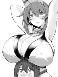 Rule 34 | 1boy, 1girl, admiral (kancolle), armpits, arms behind head, blush, breast rest, breasts, breasts on head, cleavage, covered erect nipples, crop top, greyscale, hair between eyes, hairband, highres, huge breasts, kantai collection, kloah, little boy admiral (kancolle), medium hair, monochrome, mutsu (kancolle), mutsu kai ni (kancolle), radio antenna