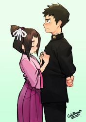 Rule 34 | 1boy, 1girl, 2021, ace attorney, arms behind back, black hair, black jacket, black pants, blush, brown hair, buttons, closed mouth, colo (nagrolaz), commentary, english commentary, closed eyes, from side, gakuran, green background, hakama, hakama skirt, hetero, holding, jacket, japanese clothes, kimono, long sleeves, susato mikotoba, mouth hold, ryunosuke naruhodo, needle, pants, pink kimono, purple hakama, school uniform, sewing, sewing needle, signature, simple background, skirt, the great ace attorney, the great ace attorney: adventures, wide sleeves