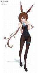 Rule 34 | 1girl, absurdres, amiya (arknights), animal ears, ankle strap, aqua eyes, aqua necktie, arknights, arm behind back, bare arms, bare shoulders, black footwear, black leotard, black pantyhose, blush, breasts, character name, commentary request, copyright name, covered navel, detached collar, full body, gluteal fold, hair between eyes, hair over shoulder, high heels, highleg, highleg leotard, highres, legs apart, leotard, long hair, necktie, pantyhose, parted lips, playboy bunny, pumps, qian-li-xin-hen, rabbit ears, rabbit girl, ringlets, shadow, small breasts, solo, standing, strapless, strapless leotard, striped, striped necktie, teeth, thigh strap, translation request, upper teeth only, very long hair, wrist cuffs