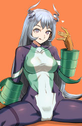 Rule 34 | 1girl, absurdres, blue eyes, blue hair, bodysuit, boku no hero academia, breasts, commentary request, covered collarbone, covered navel, drill hair, gloves, hadou nejire, hair horns, heart, highres, large breasts, long hair, looking at viewer, open mouth, orange gloves, rasupekuto, red background, simple background, smile, solo, spread legs, superhero costume, twin drills, very long hair